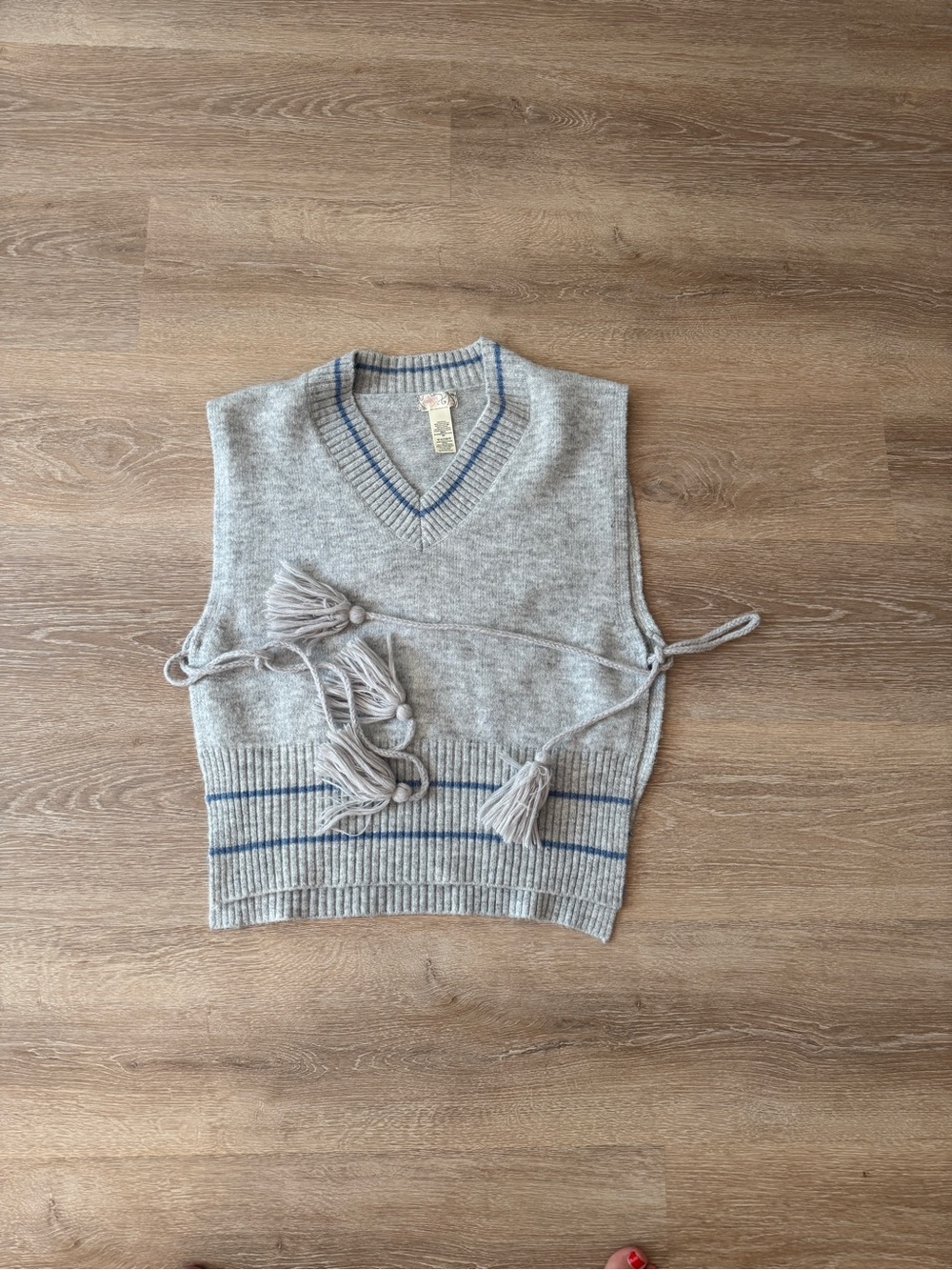 Free People Gray Knit V-Neck Sweater Vest with Tassel Ties